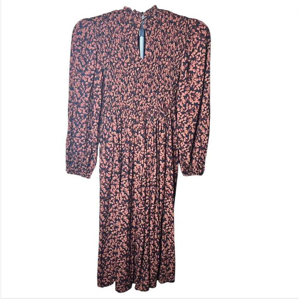 A New Day Smocked Midi Dress Rust Black Floral Long Sleeve Fall Cottagecore Boho - Picture 3 of 11